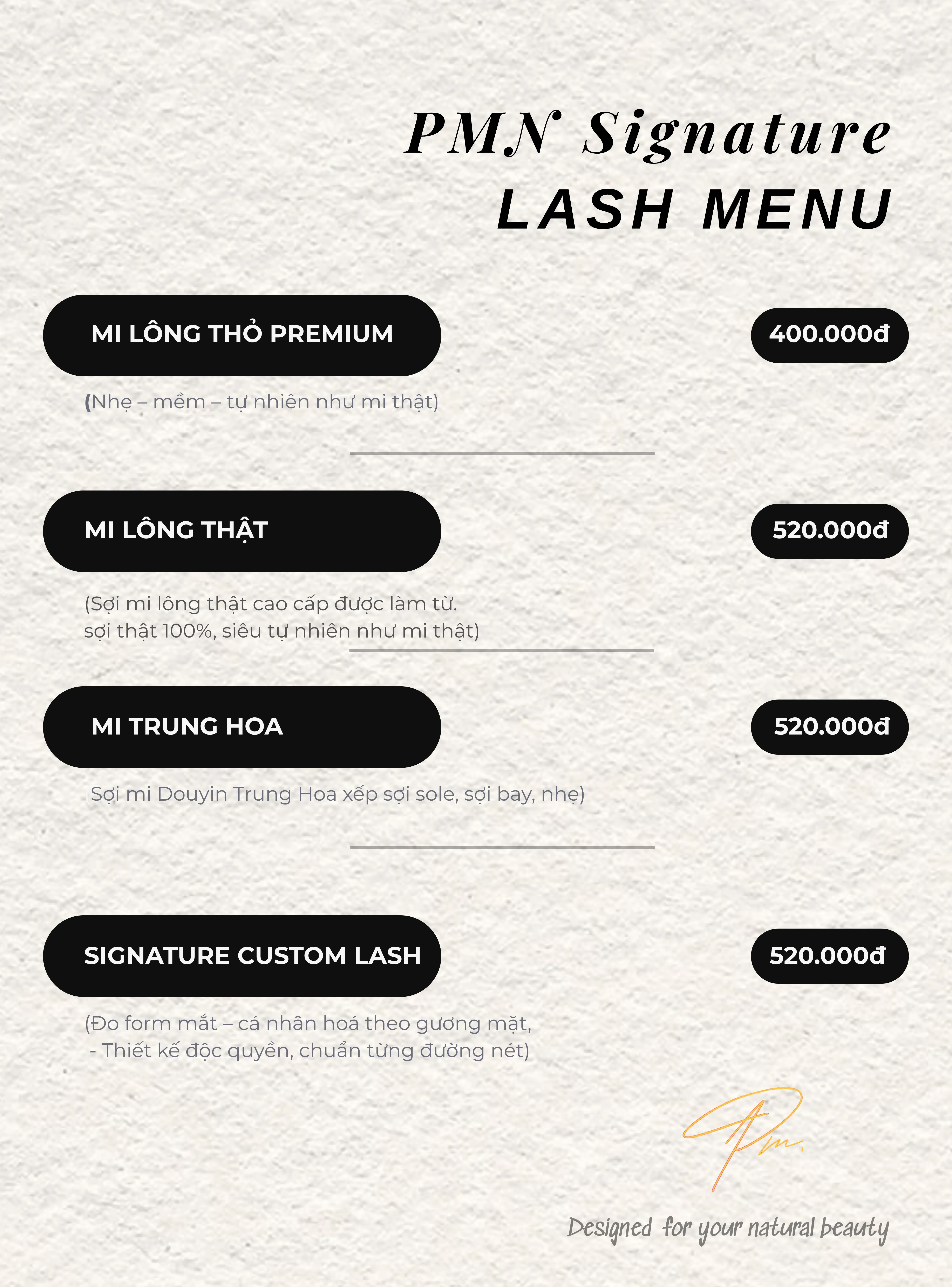 PMN Signature Lash Menu